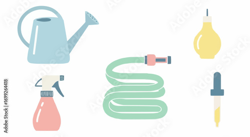 Watering can spray bottle garden hose dropper and bulb tools for plant care and gardening equipment vector art vector