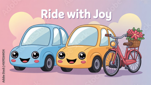 Cute cartoon cars and bicycle illustration for children's books and educational resources vector graphics