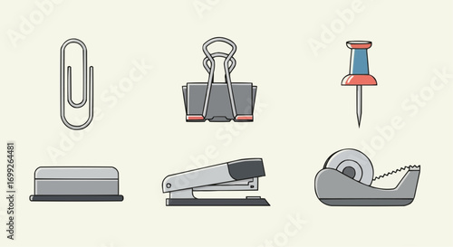 Office supplies vector illustration featuring paper clip binder clip pushpin stapler tape dispenser desk set vector