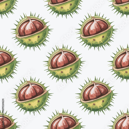 Autumnal Chestnut Pattern with Spiky Shells and Brown Nuts on White Background Vector