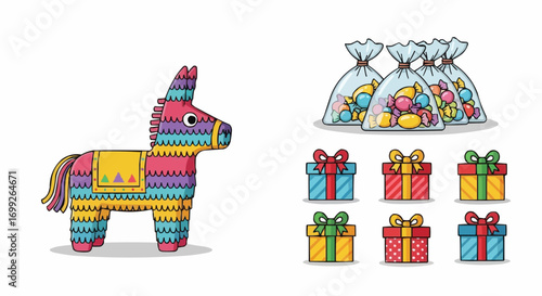 Colorful birthday party with pinata, gifts and candy bags for kids celebration and festive decoration vector