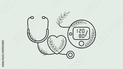 Blood pressure check with stethoscope and heart vector illustration for medical health and wellness concept