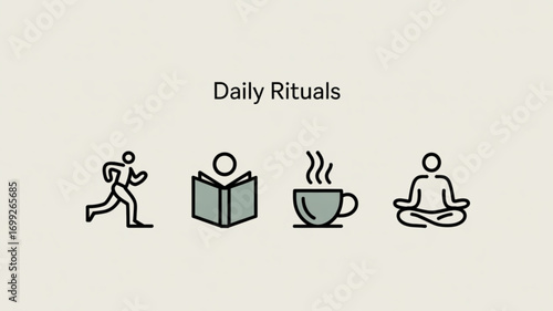 Daily routine habits vector illustration, running, reading, coffee, meditation, wellness, habits, health