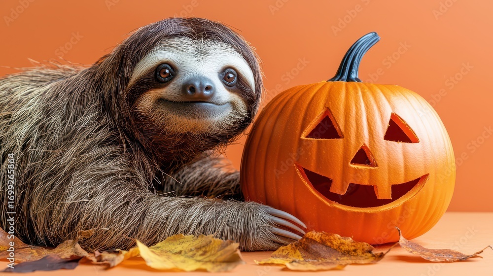 Obraz premium Cute Sloth with Jack-o’-lantern and Autumn Leaves for Halloween