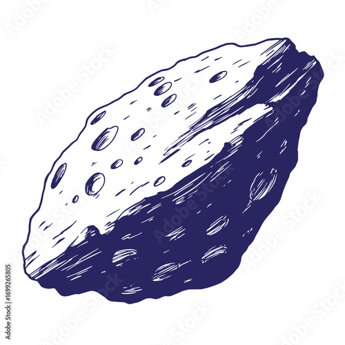 Hand drawn illustration of a dark blue asteroid with a cratered surface on white background
