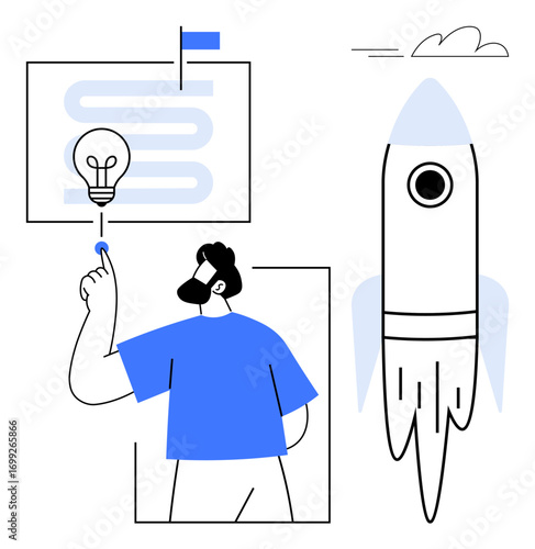 Man pointing at a lightbulb with a flowchart and flag in the background beside a rocket. Ideal for innovation, business startup, goal achievement, leadership, progress, creativity, simple flat