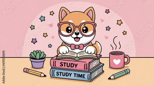 Cute shiba inu dog studying with books and coffee, study time illustration for education and learning design