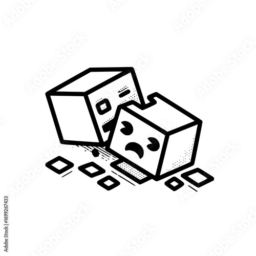 Two cartoon cube characters interacting with one sad and the other looming over with scattered blocks around them