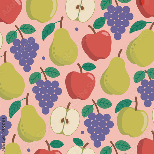 Colorful Fruit Pattern with Apples, Pears, and Grapes on a Pink Background Design