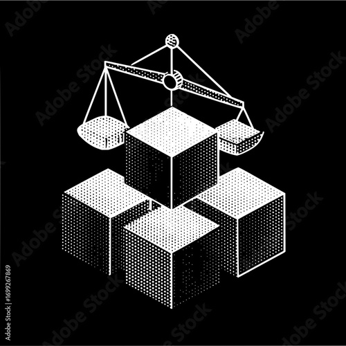 White line art of scales balancing above stacked cubes on a black background in isometric perspective view