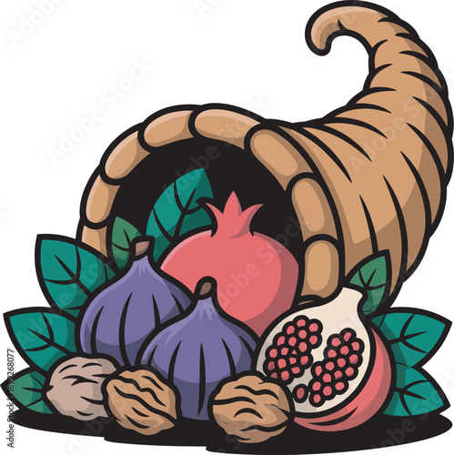 Cornucopia with Figs Pomegranate Walnuts Harvest Abundance Horn of Plenty Vector Art