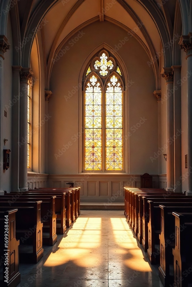 Fototapeta premium Serene interior of a church, sunlight streaming through stained glass windows illuminating the quiet prayer area Perfect for themes of peace, faith, spirituality, and worship , pews, cathedral