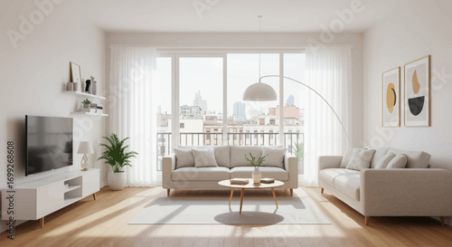 Bright living room with modern furniture and a view of the cityscape outside