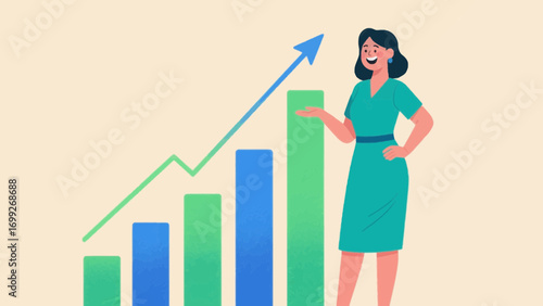Businesswoman presents upward trending bar graph for financial growth