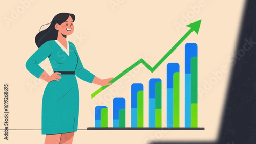 Businesswoman presenting a growth chart with an upward trending arrow