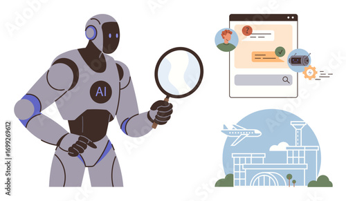 Robot examining search query through magnifying glass, online interaction screen, airport symbol. Ideal for technology, AI, machine learning, travel, cybersecurity automation innovation. Simple