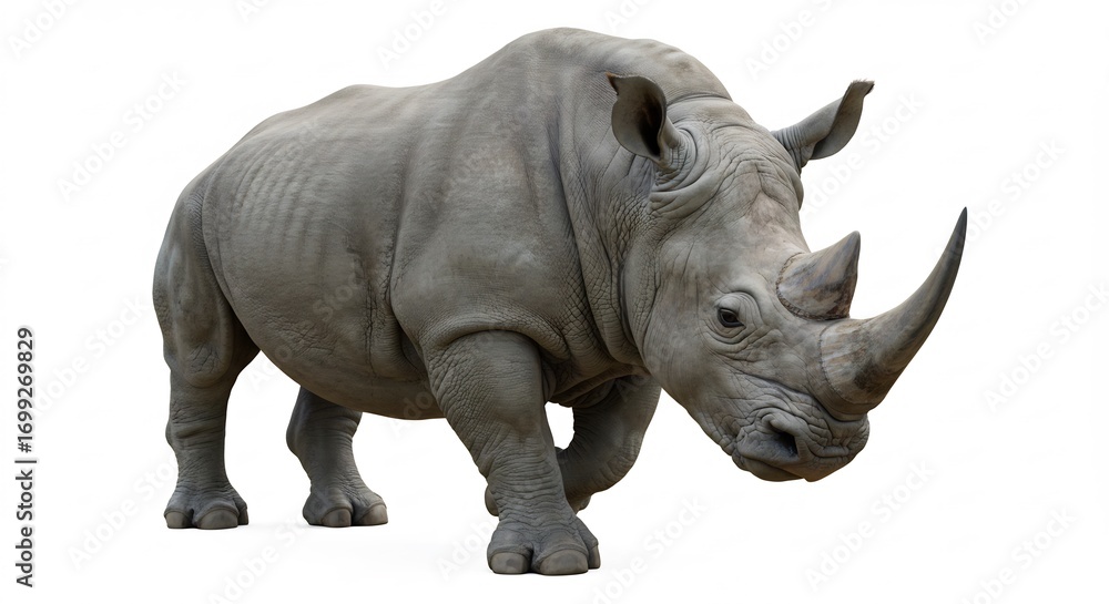 Fototapeta premium 力強い白犀牛 正面ショット 自然光輝く (Chikara tsuyoi shirorhino shomen shotto shizen hikari kagayaku) Translation: Strong white rhinoceros, front shot, natural light shines.. AI Generated