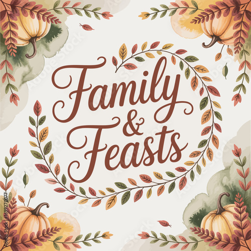 Family Feasts Autumnal Gathering Design with Pumpkins and Foliage Border Illustration
