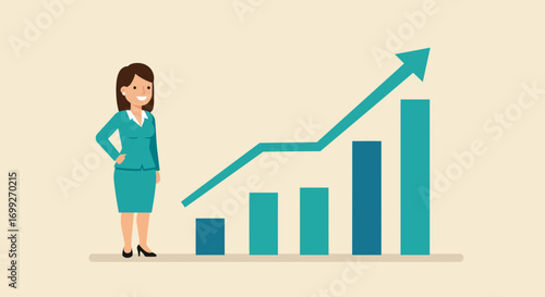 Professional woman standing proudly next to a growing financial graph illustration
