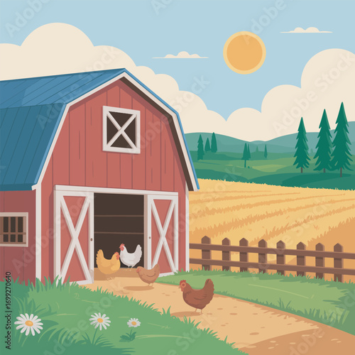 Farm Barn with Chickens Rural Countryside Landscape Agriculture Scene Vector Illustration