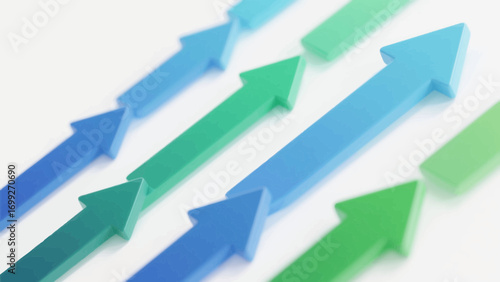 Upward trending arrows in blue and green symbolize business growth