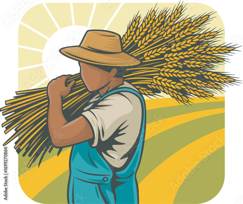 Farmer Carrying Wheat Sheaf Vector Illustration on a Transparent Background Graphic