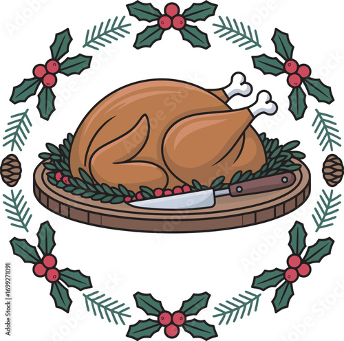 Festive Holiday Roast Turkey Dinner with Holly Wreath and Evergreen Branches Illustration