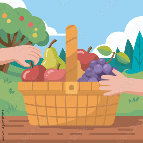 Fruit Basket with Hands Picking Apples in Orchard Landscape for Harvest Season