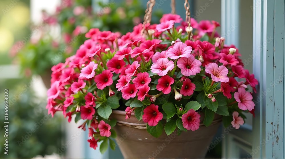 Fototapeta premium Hanging basket overflowing with vibrant petunias brings beauty to the doorstep