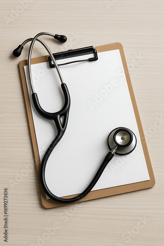 A medical stethoscope elegantly placed on a blank clipboard, ready for documentation and examination