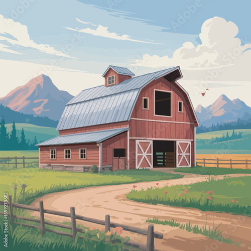 Idyllic Farm Landscape with Red Barn, Rolling Hills, and Serene Countryside Scenery Vector