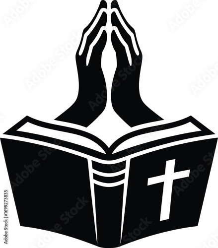 Black and white illustration of praying hands over an open bible with a cross