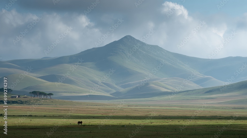Fototapeta premium Expansive View of Rolling Hills With a Lone Cow Grazing Under Cloudy Skies in the Countryside Setting
