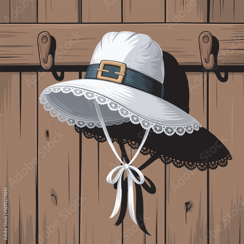 Pilgrim Bonnet Hanging on Wooden Wall with Pegs Illustration of Colonial Era Headwear