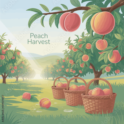 Peach Orchard Harvest Season Illustration with Baskets Full of Ripe Fruit in a Sunny Landscape
