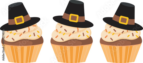 Pilgrim Hat Cupcakes Vector Illustration Delicious Dessert Pastry Sweet Treat Confectionery