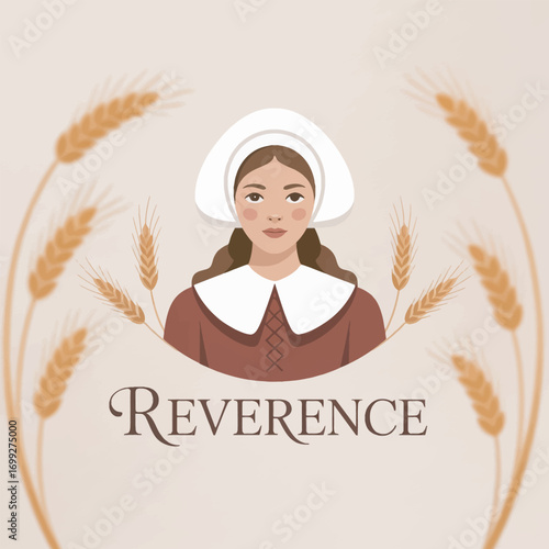 Pilgrim Woman Portrait with Wheat Stalks and Reverence Text in Neutral Tones