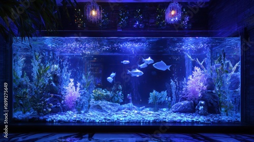 Large aquarium, lit with blue,  in a modern interior.  Fish swim in underwater landscape
