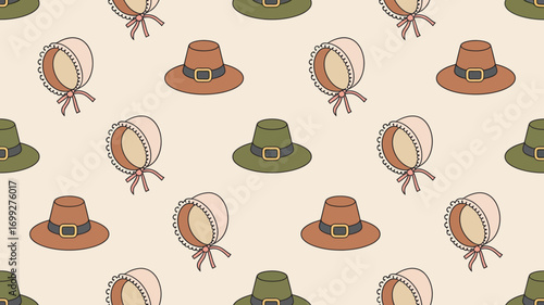 Seamless Pattern of Pilgrim Hats and Bonnets on Beige Background for Harvest Festival Decor