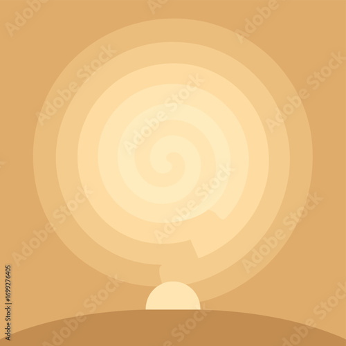 Minimalist spiral sun on horizon in warm tones