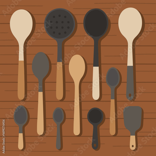 Flat kitchen utensils set on wooden background: modern minimalist design