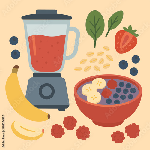 Smoothie ingredients with blender and fruits in flat style