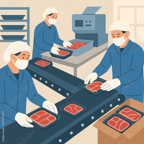 Factory workers packing meat on conveyor belt in food production facility