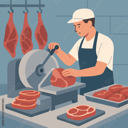 Butcher slicing meat in shop with hanging cuts and industrial slicer