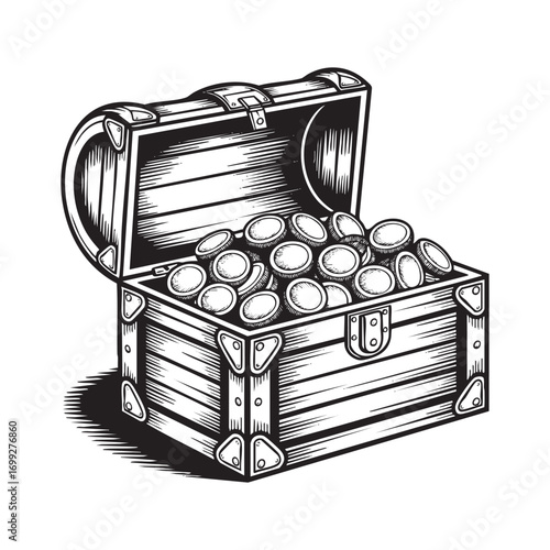 Treasure chest filled with gold coins engraving style black and white outline illustration vector