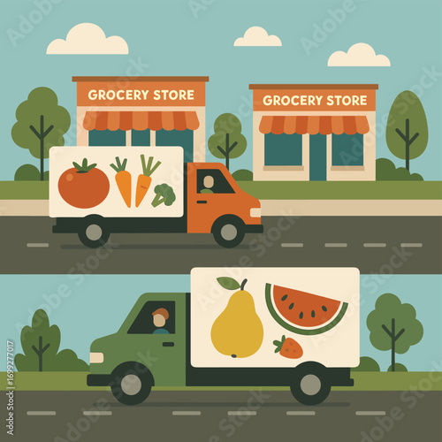 Flat design grocery delivery trucks with fresh produce on city streets