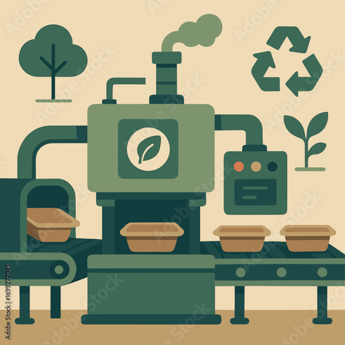 Eco-friendly factory producing sustainable packaging with recycling symbols and plant elements