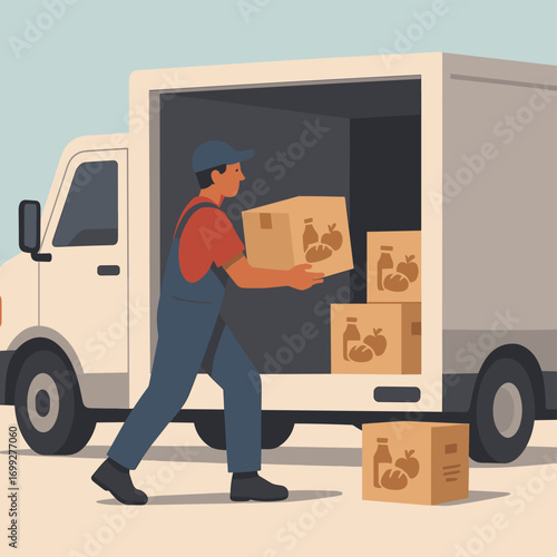 Efficient delivery service with worker loading boxes into truck