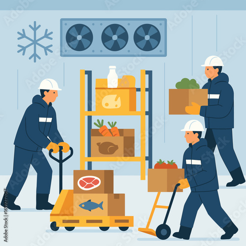 Warehouse workers handling fresh produce and dairy in refrigerated storage room