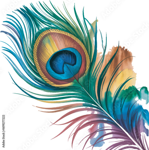 Watercolor Peacock Feather with Vibrant Colors and Detailed Texture on Transparent